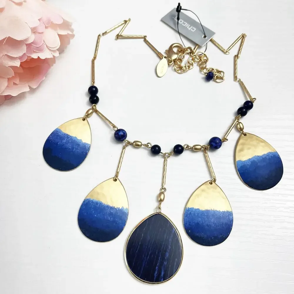 NEW Chico's Goldtone & Blue Teardrop Statement Necklace
